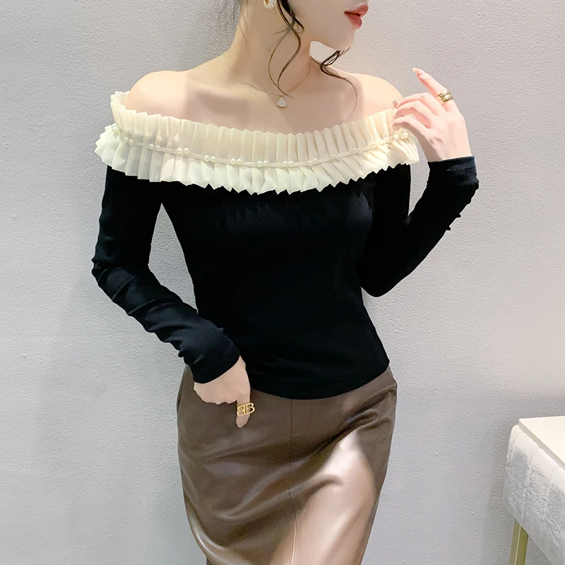 2024 New Spring Fall European Clothes T-Shirt Chic Sexy Off Collar Patchwork Ruffles Beading Women Tops Long Sleeve Tees 41002