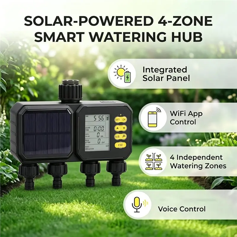 IALJ-Solar Powered Water Timer For Garden Hose 4 Zone Smart Irrigation Controller With App Remote Control