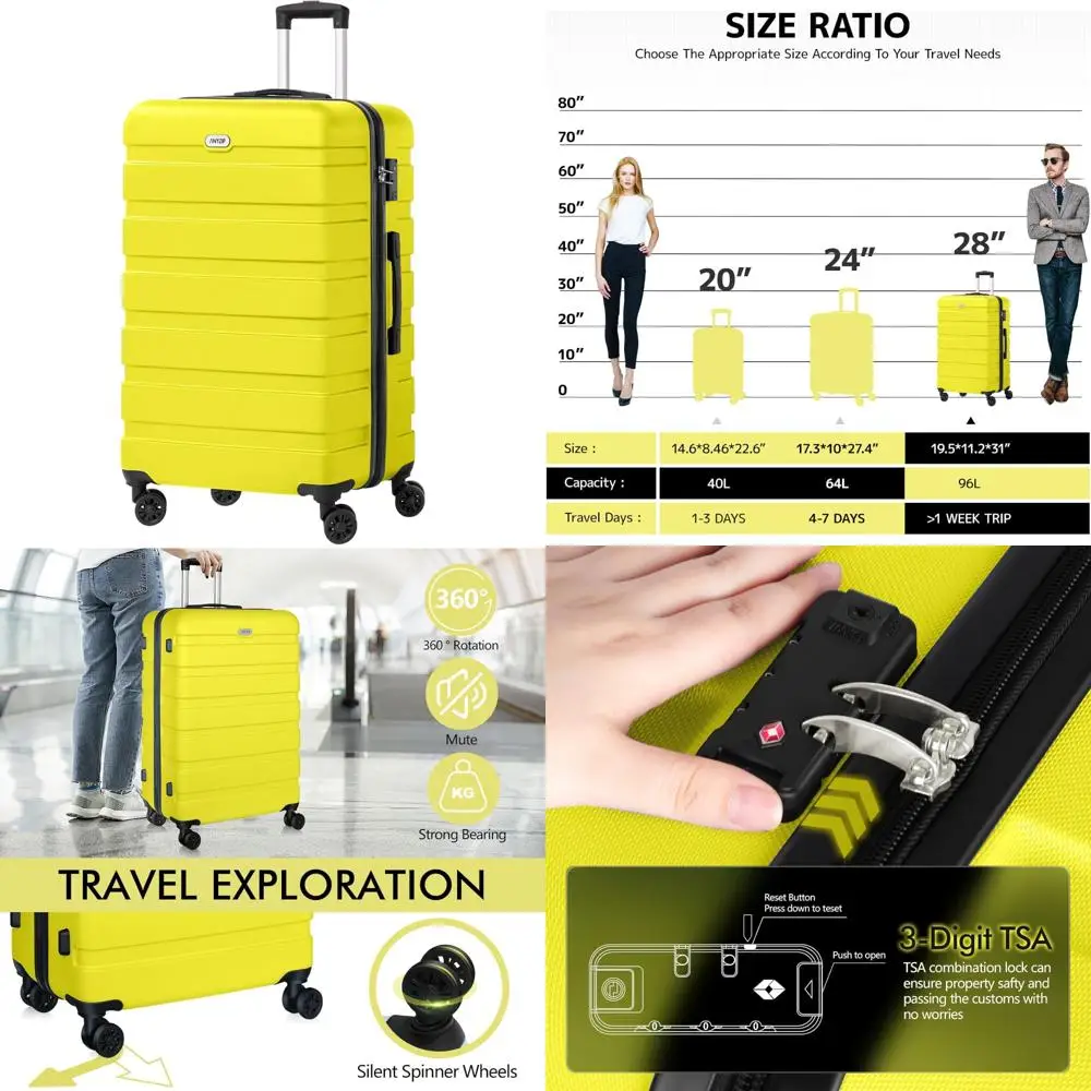 

Легкий чемодан из твердого АБС-пластика с 4 универсальными колесами, замком TSA, 28 дюймов, большой, желтый для путешествий