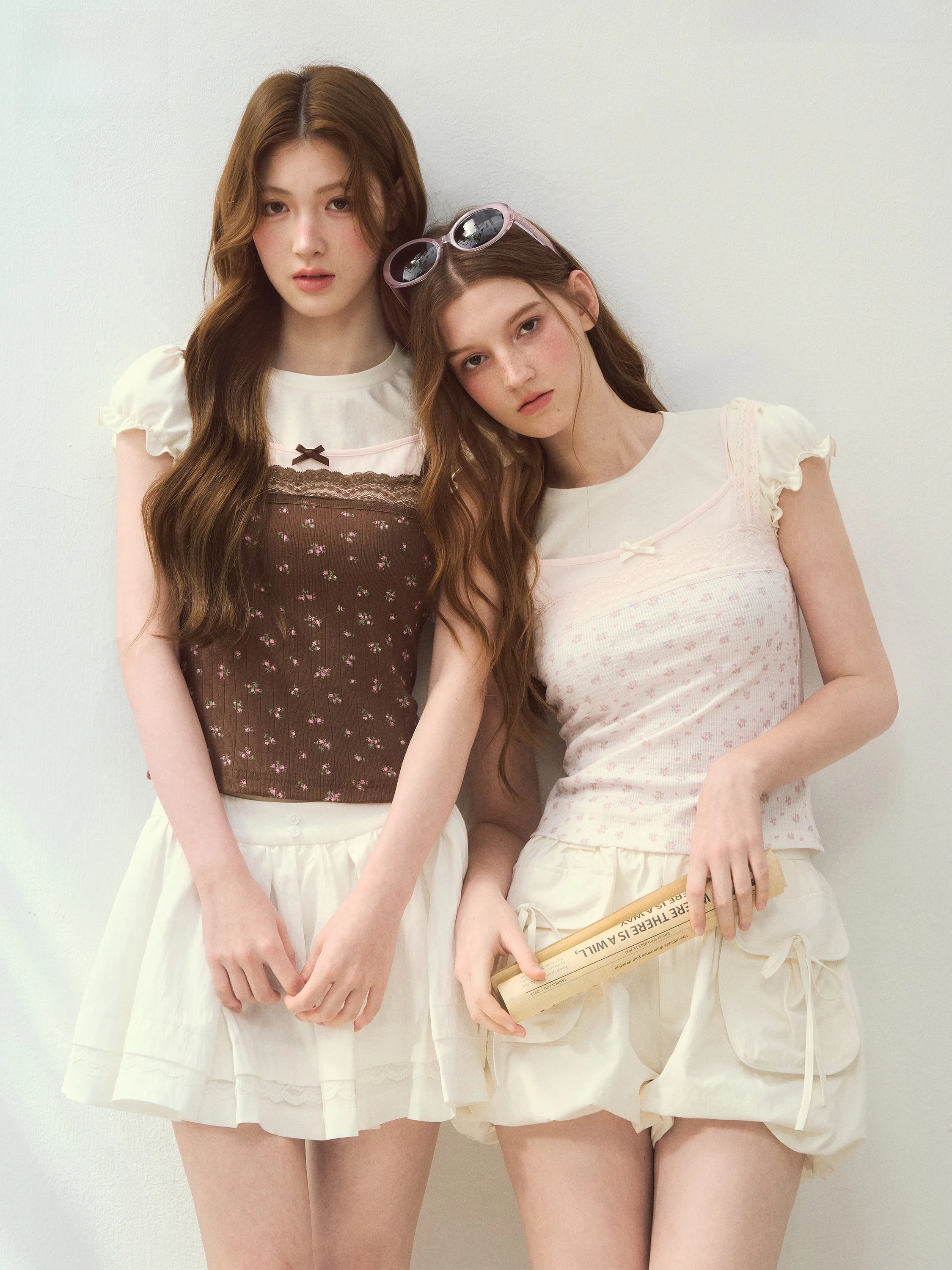 SunsetPark Floral Patchwork Lace Shoulder Strap Bubble Sleeve Short Sleeve T-Shirt Women's Sweet Style Slim Fit Summer Top