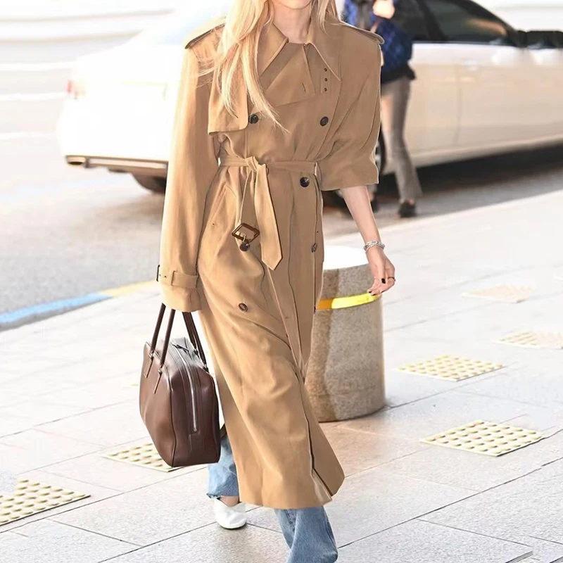 

Женский классический плащ с поясом на талии, двубортное длинное пальто-куртка, модный повседневный универсальный топ, лето, новинка, 2025 г.