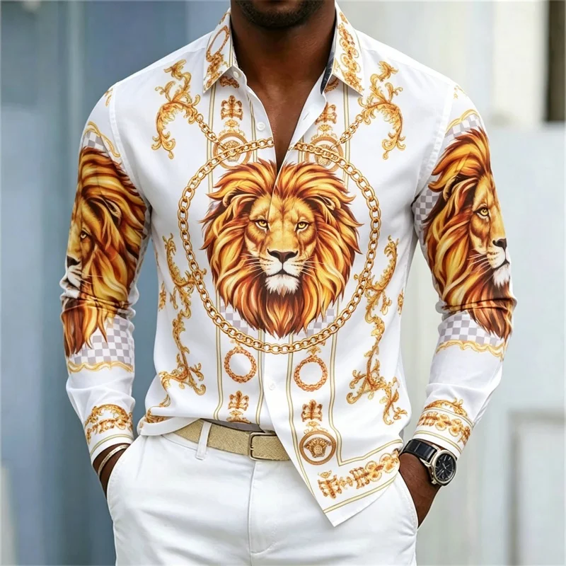 Men's shirt street style animal print shirt white base gilded chain men's slim fit trendy long sleeved business casual shirt
