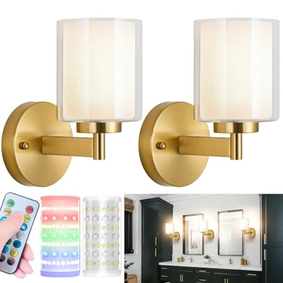 

Battery Operated Wall Sconce Set of 2, Wireless Wall Sconce with Remote, 10000mAh Rechargeable RGB Dimmable Bathroom Light Fixt