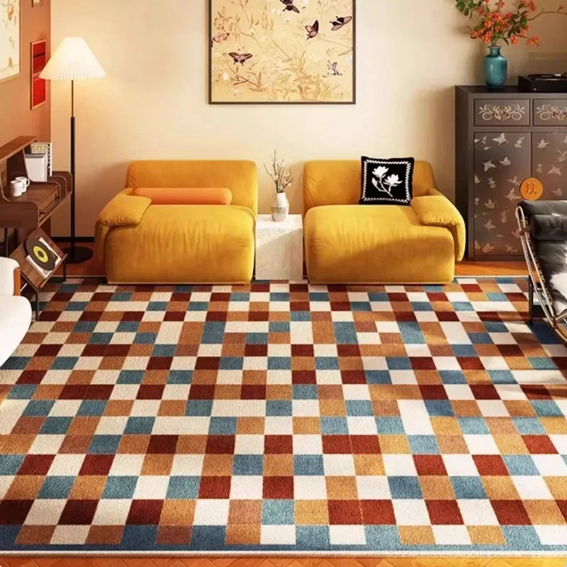 Korean Style Large Living Room Carpet Non-slip Decoration Home Geometric Grid Large Area Rugs Washable Bedroom Mat Bedside Rug