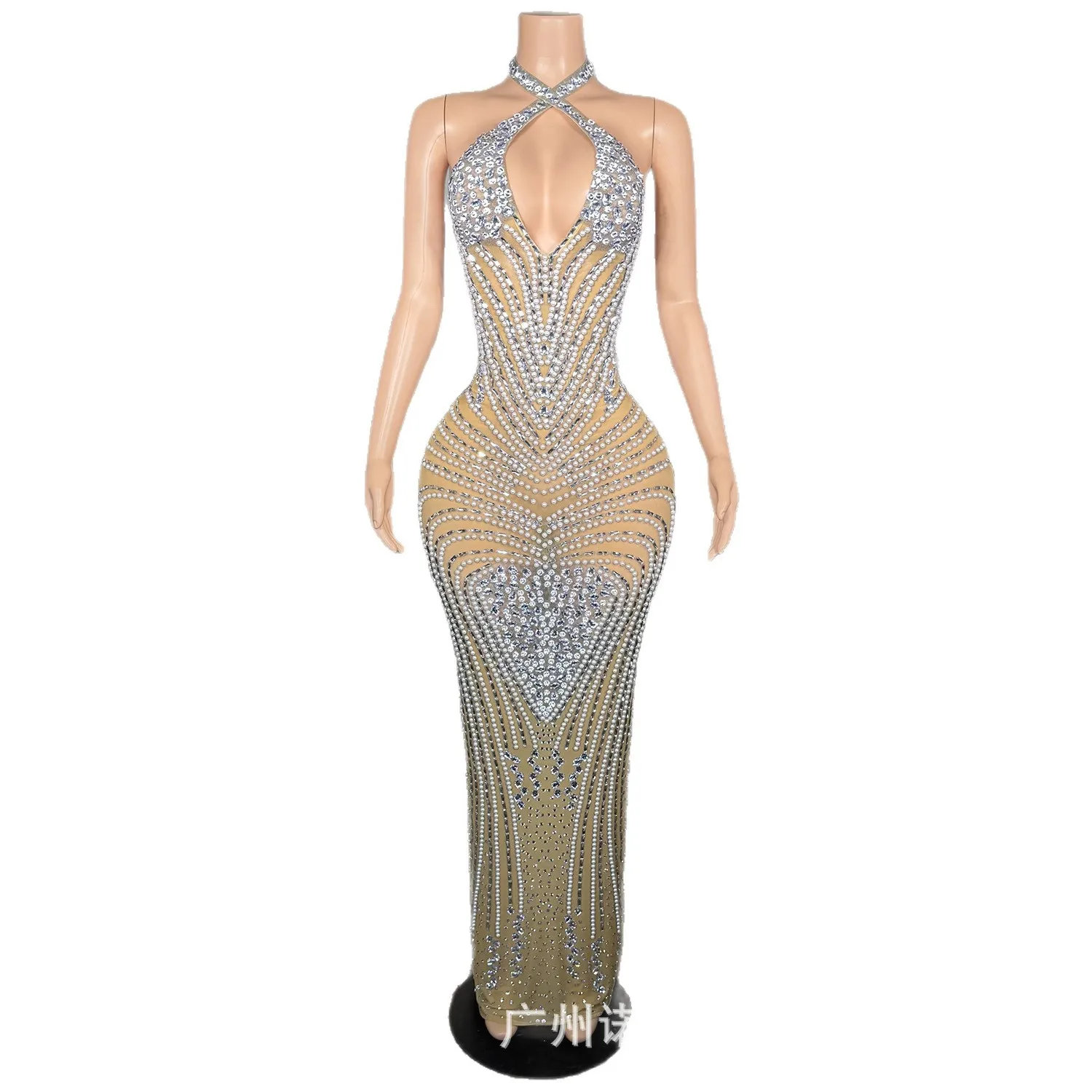 High-end extravagant hollow cross strap sexy halter split dress cocktail dress birthday party engagement banquet evening dress