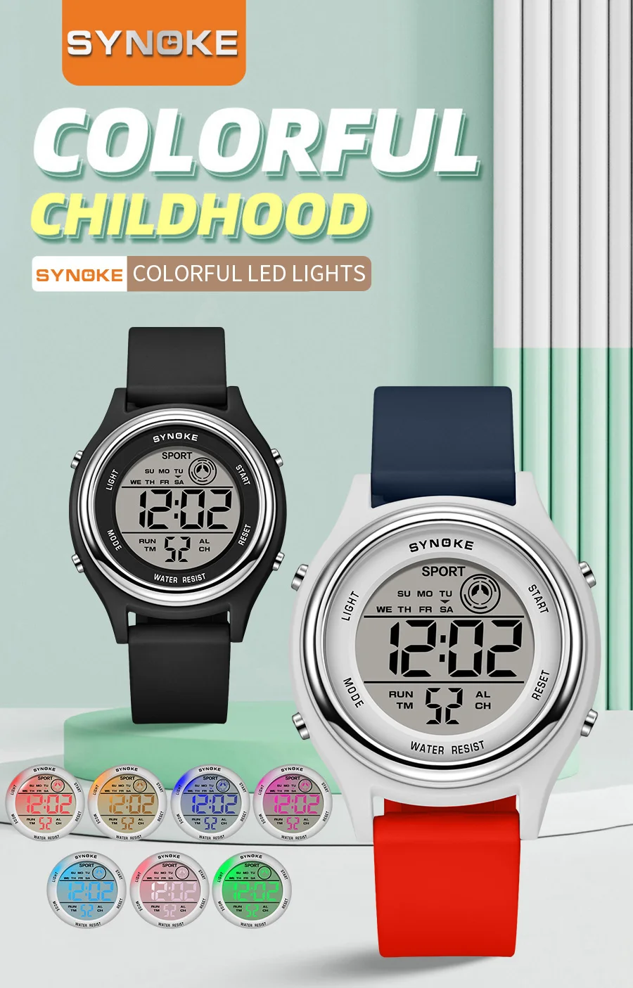 SYNOKE Bunte Kinderuhren mit sieben Lichtern, Sportstudenten, Digitaluhr für Kinder, wasserdichte elektronische Uhr, stoßfest – Detail 1