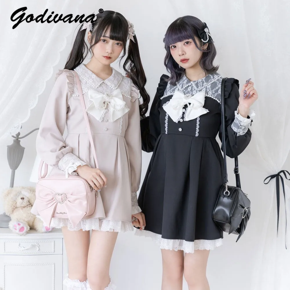 

New Autumn 2024 Japanese Sweet Lolita Dress for Women Girls Cute Lace Bow Bead Long Sleeve Above Knee Dresses