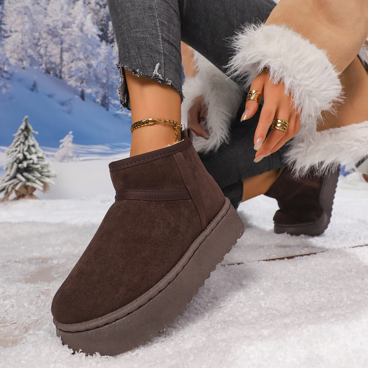 Designer 2026 Neue Winter Trendige Damen Schneestiefel aus Wildleder Modisch Gefüttert mit Plüsch Flach Warm und Bequem Damen Schneestiefel – Detail 6