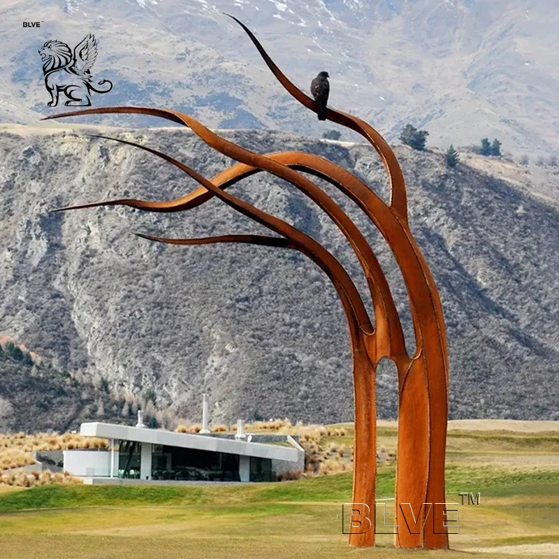 BLVE Large Outdoor Square Decor Modern Abstract Metal Art Rust Color Corten Steel Tree Sculpture