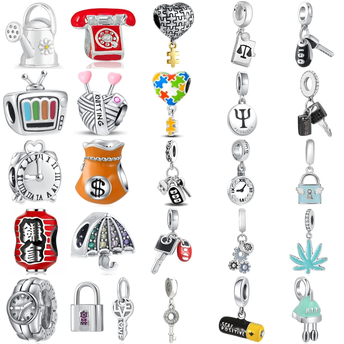 925 Sterling Silver Watering Can Retro Telephone Scale Car Key Vintage TV Umbrella Watch Battery DIY Jewelry Gift For Women