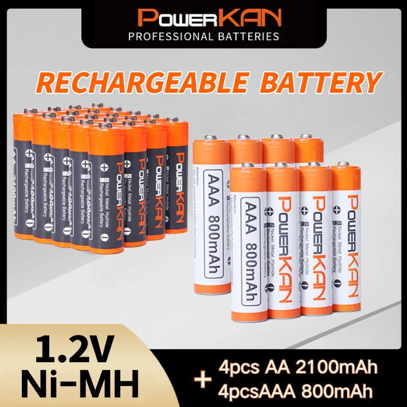 Powerkan Battery Compo Rechargeable NiMH Batteries AA 2100mAh AAA 800mAh High Capital for Household Famliy Usage Toy Remote Tool