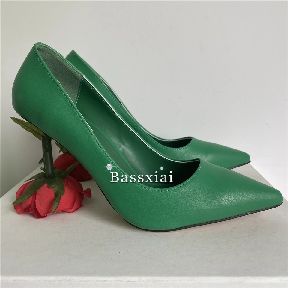 Individual Rose Flower Heel Women Pumps Genuine Leather Sexy Pointed Toe Slim Dress Shoes For Girls Spring Autumn