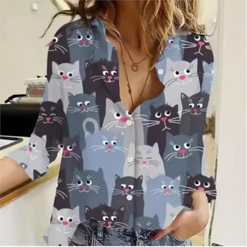 2024 Women's Shirt 3D Digital Printed Cute Cat Style Fashionable And Casual Trendy Flip Collar Long Sleeve Cardigan For Women 