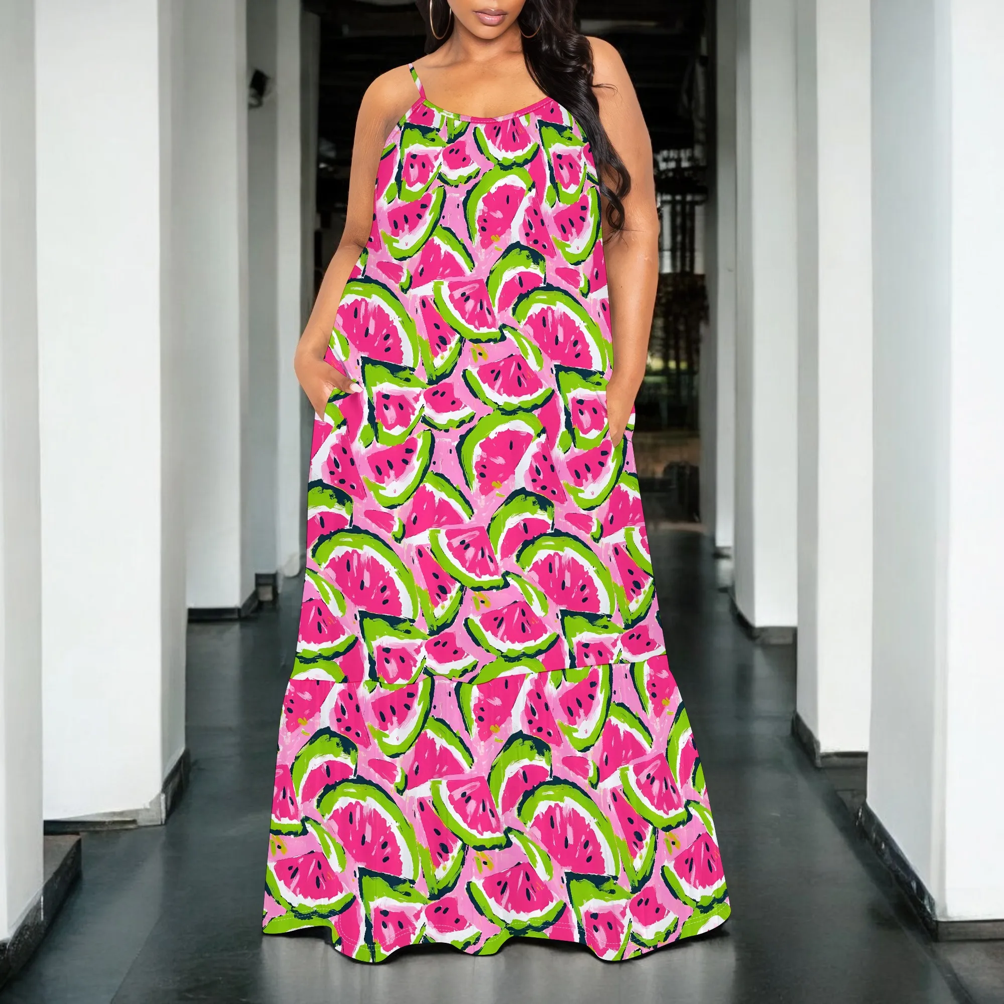 

Nupusa Watermelon Print Dress for Women Standard Size Summer Casual Spaghetti Strap Maxi Dress