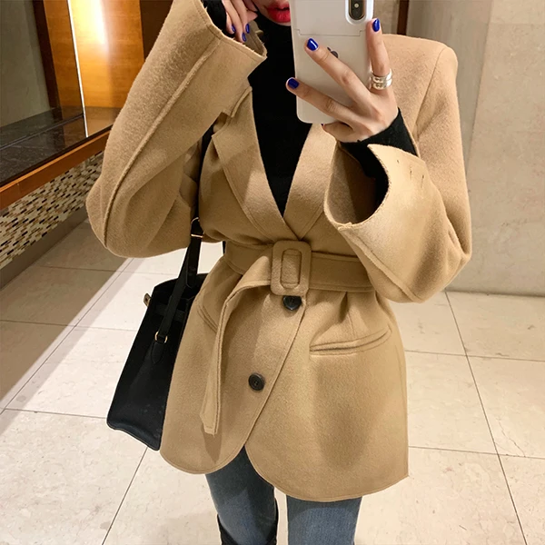 2026 New Chic Korean Style Pure Color Lapel Belted Two-Way Patchwork Suit Coat Sweet Style Woolen Material Winter Youth Women