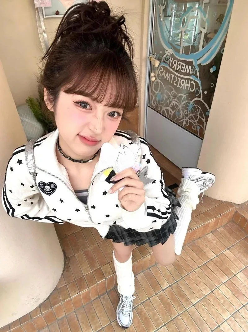 Kimotimo American Retro Star Printed Sweatshirt Women Spring Embroidery Long Sleeve Zipper Coat Sweet Casual Slim Y2k Crop Top