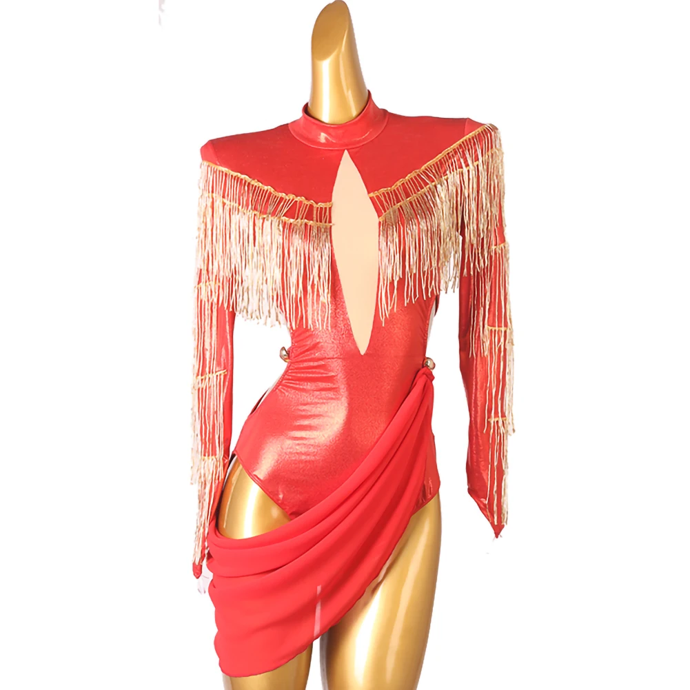 Party Dresses Red Practice Wear Latin Dance Woman Dress Long Sleeves Imitation Leather Tube Beads Samba Tassels Ladies Clothes