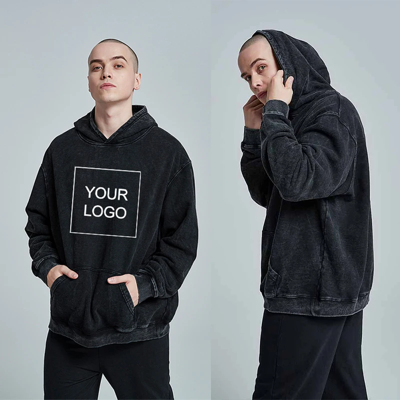 Pulôver com capuz personalizado sólido vintage masculino e feminino, Hoodie de tingimento de cera lavado, moletom Baggy, Hoodies casuais