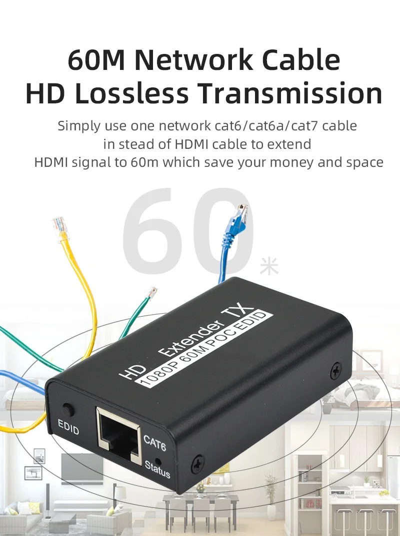 Receptor Transmissor EDID 3D, Extensor HD, 1080P, UTP, STP Cat 6, 6A, 7, Conversor Ethernet RJ45, 60m