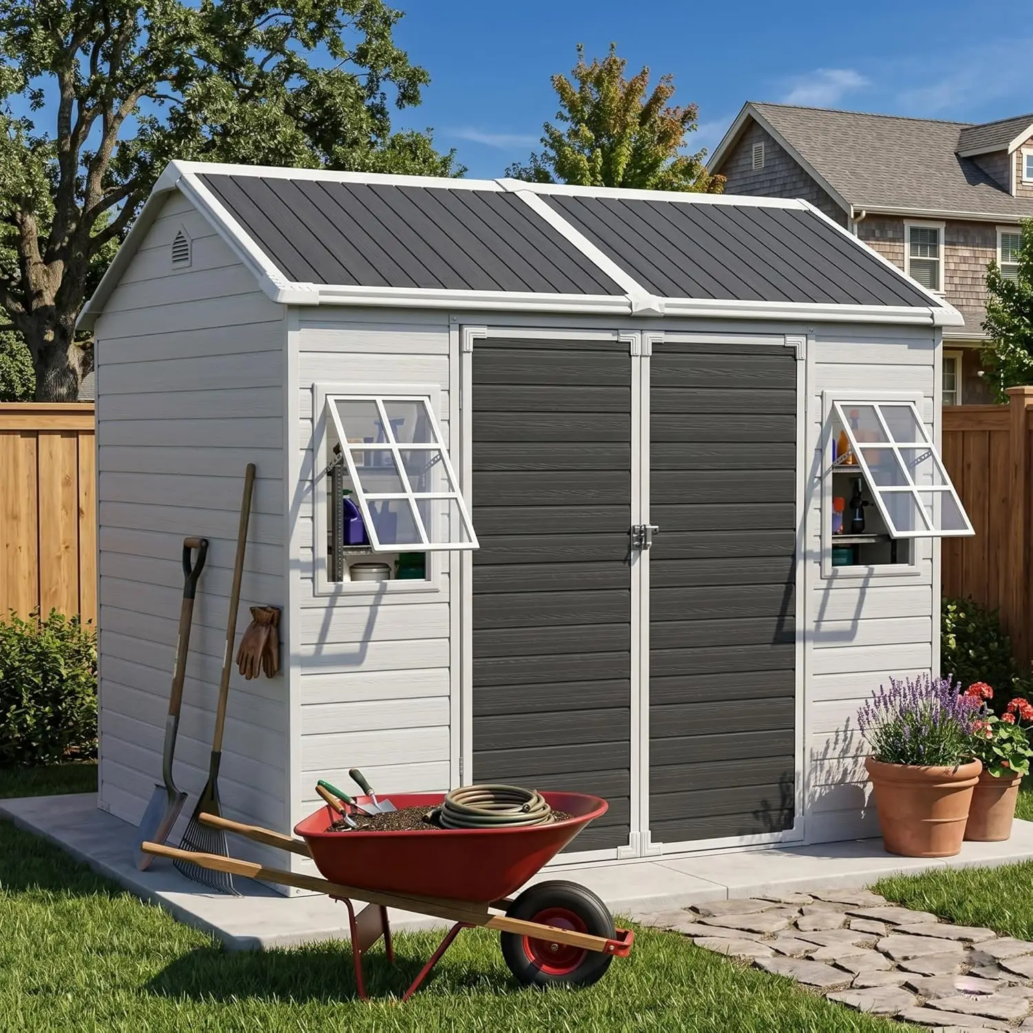 Resin Storage Shed with Floor & Windows Weatherproof Large Outdoor Garden Tool Shed Lockable Door for Backyard Patio, Customized