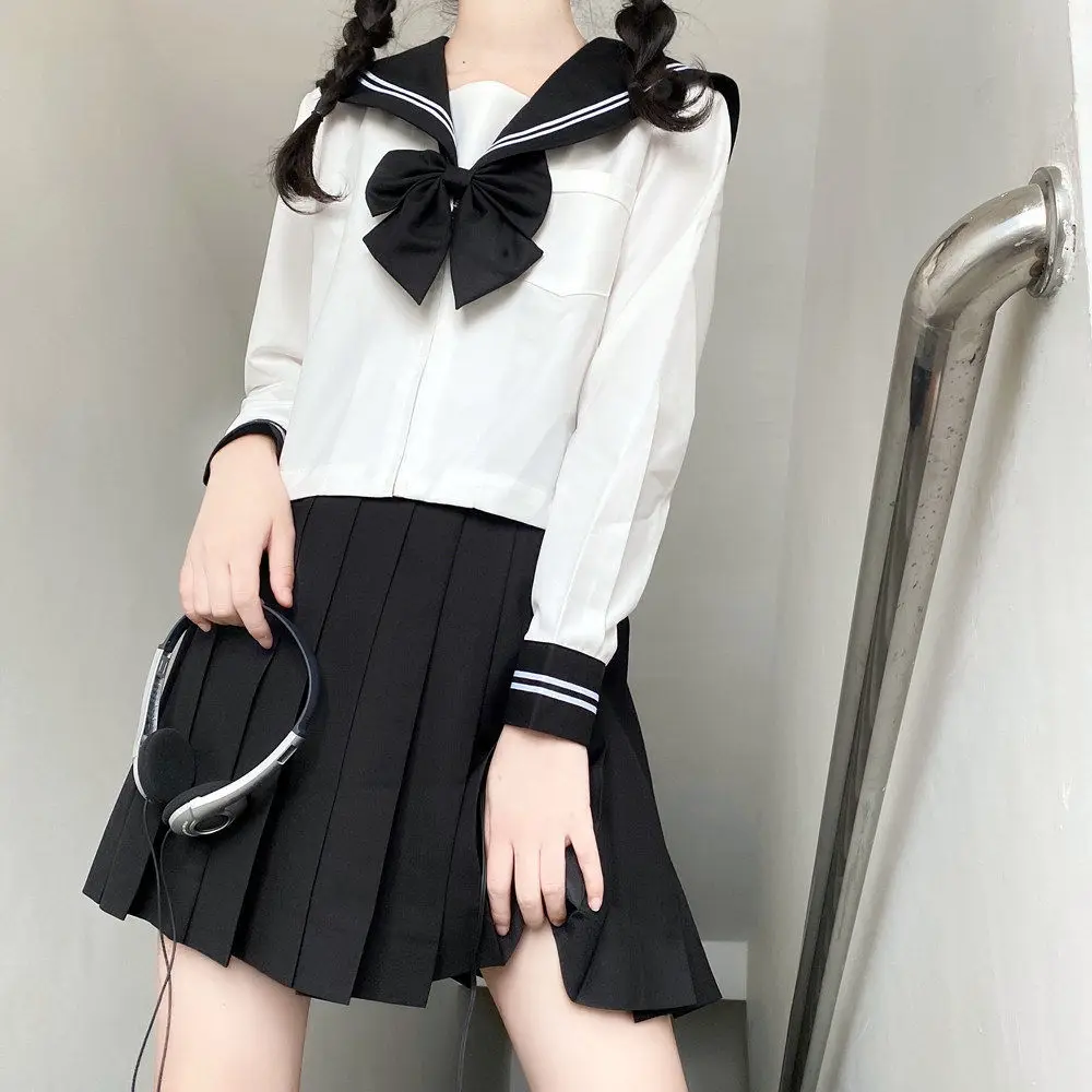 Japanese School Girl Uniform JK Black Sailor Basic Cartoon Navy Sailor Uniform Sets Navy Costume Women Girl Costume Uniform