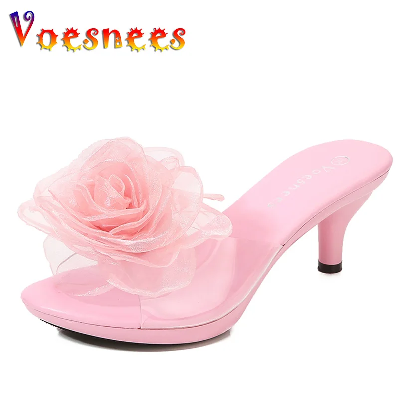 Silk Flowers Slippers Summer Transparent Surface  Sandals Beach Shoes Thin High Heels Low Heels Crystal Party Pink Women Shoes