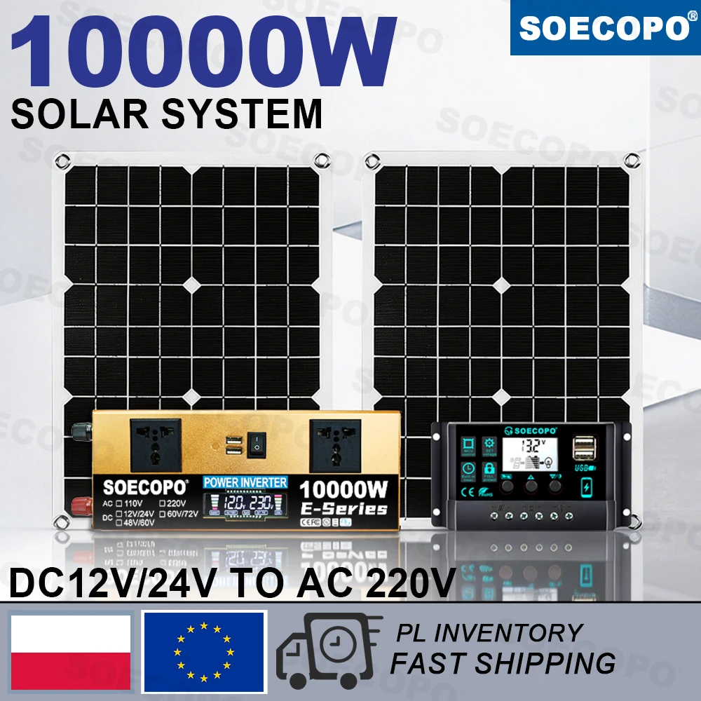 SOECOPO 10000W Komplettes Solarsystem-Kit, 2 Stück flexible Photovoltaik-Solarmodule + 1100W E-Series Wechselrichter + LCD-Laderegler, DC12V/24V zu AC220V, Polen Lokales Lager Schneller Versand für