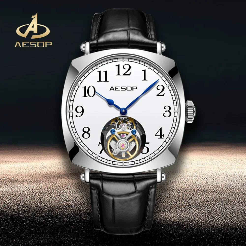 AESOP Flying Tourbillon Mechanical Skeleton Movement Watch for Men  Sapphire Luxury Business Simplicity Watches Mens Square 7068