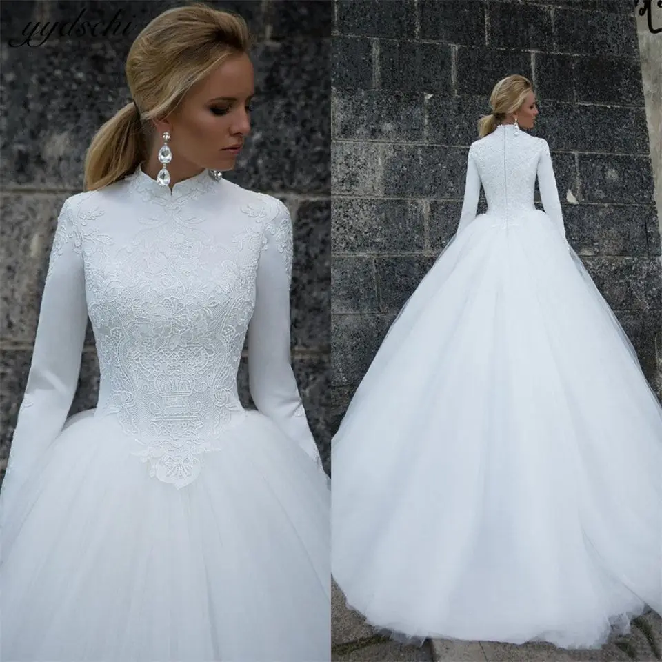 Vestido de novia personalizado elegante de tul con cuello alto y mangas completas para mujer, vestido de baile con cola de corte, vestidos de novia 2024