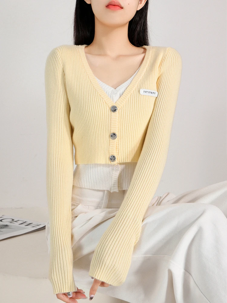 Knitted Women's Cardigan Yellow Fake Two-Piece V-neck Spring and Autumn Slim Coat Single-Breasted Simple Color Matching Fashion