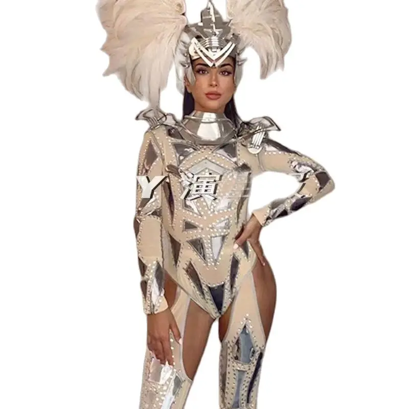 New Tech Style Gogo Costume Sexy Jazz Dance Feather Headdress Armor Silver Jumpsuit Bar Nightclub DS DJ Stage Rave Outfit Set