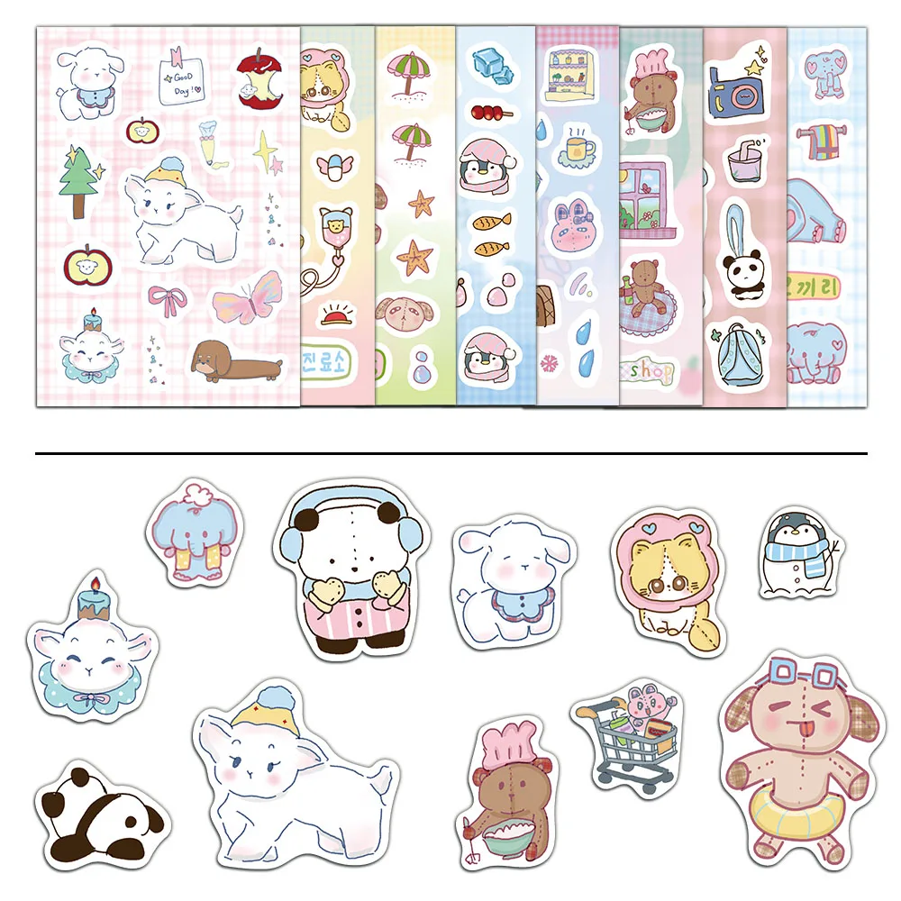 8PCS Cute Animals, Cats, Penguins, Elephants, Cartoon, Healing Series, Ins, Wind, Hand Account, Material Stickers