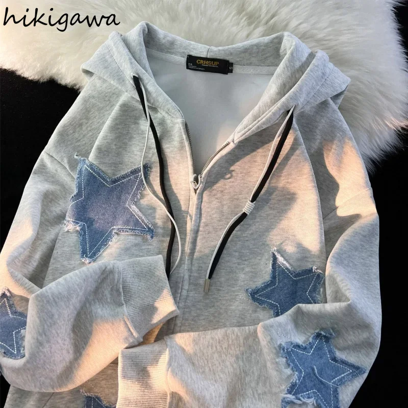 Streetwear Hoodies Women Stars Print Fashion Oversized Outwear Harajuku Casual Hooded Zipper Sweatshirt Jacket Korean Y2k Tops