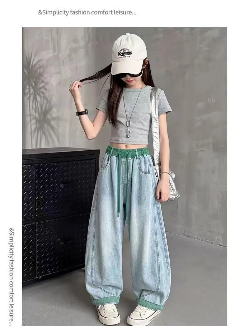 UNITIM 4-14 Jahre Mädchen-Jeans, Sommer, dünn, atmungsaktiv, für Kinder, Mädchen, Denim-Hose, lässig, gespleißt, für Junior-Mädchen, Hose mit weitem Bein – Detail 6
