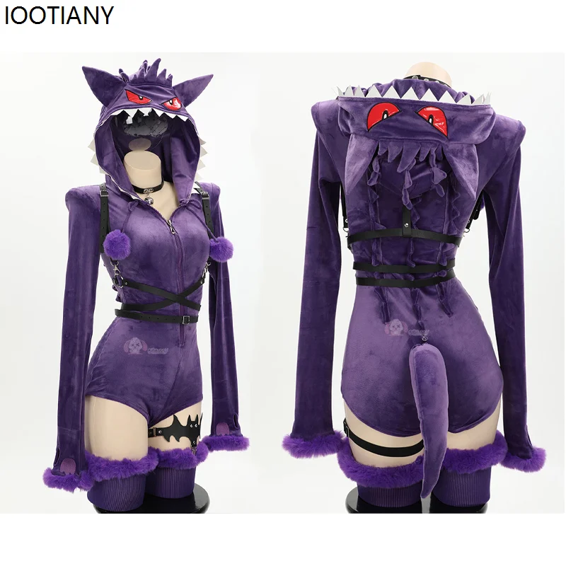 Halloween Women Sexy Little Devil Cosplay Jumpsuit Adult Purple Ghost Horror Plush Hooded Set With Socks Belt Tail Carnival Suit