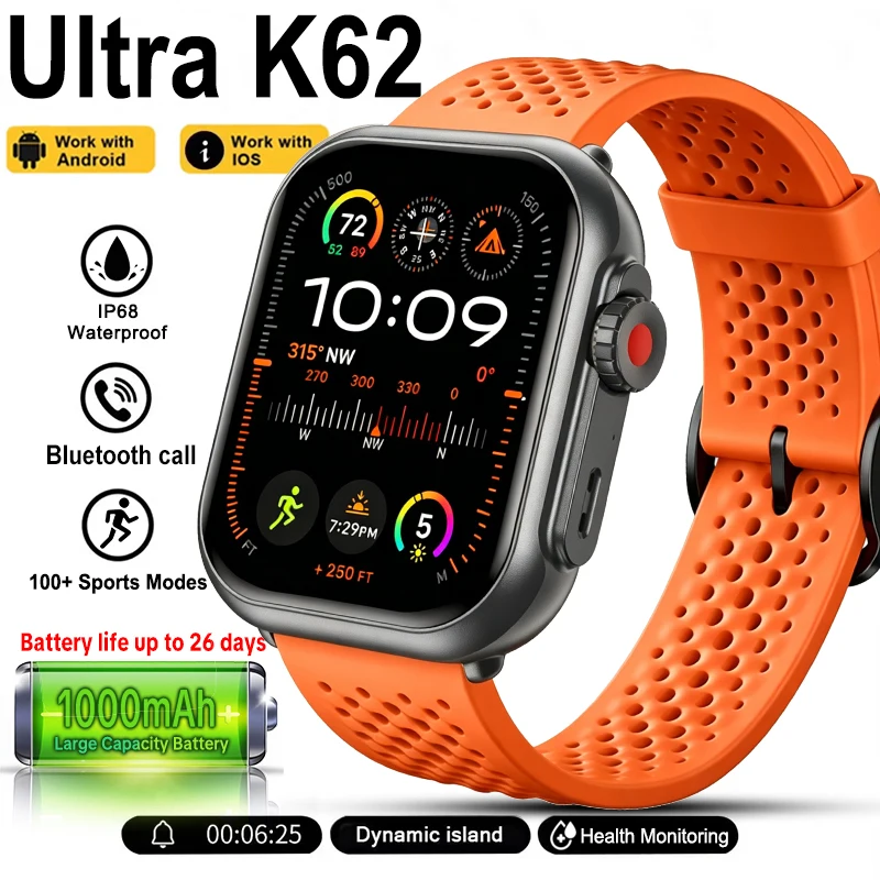 New Watch Ultra K62 Smartwatch Men Women 1000mAh Battery Fitness Tracker Heart Rate IP68 Waterproof 100+Sports Call Smartwatches