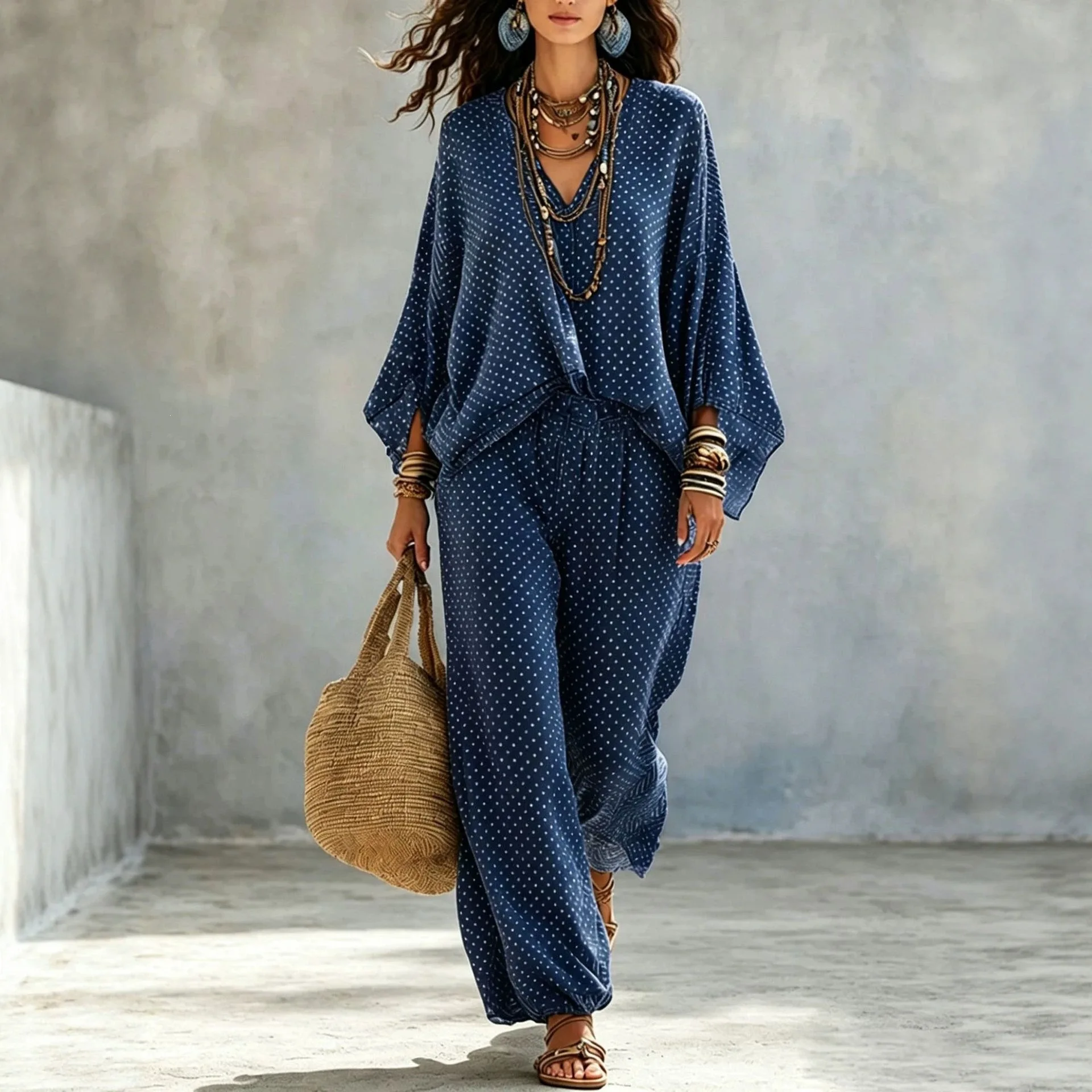 2 pieces women sets 2026 Spring Autumn Retro Printed loose bat-sleeved top+ tight-fitting long pants suits women's clothing