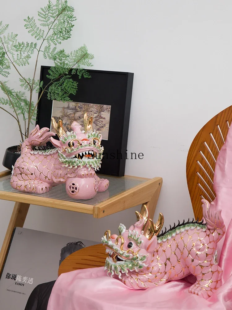 New Chinese hand-painted pink ceramic unicorn pair of lucky ornaments