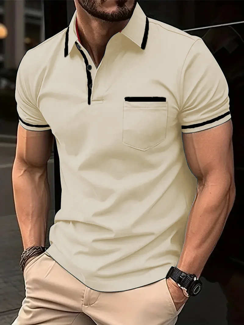 Men's Casual Fashion Solid Color Short-sleeve Top, Collar Designed Men's Short-sleeve T-shirt, Casual Fashion Polo Shirt Top