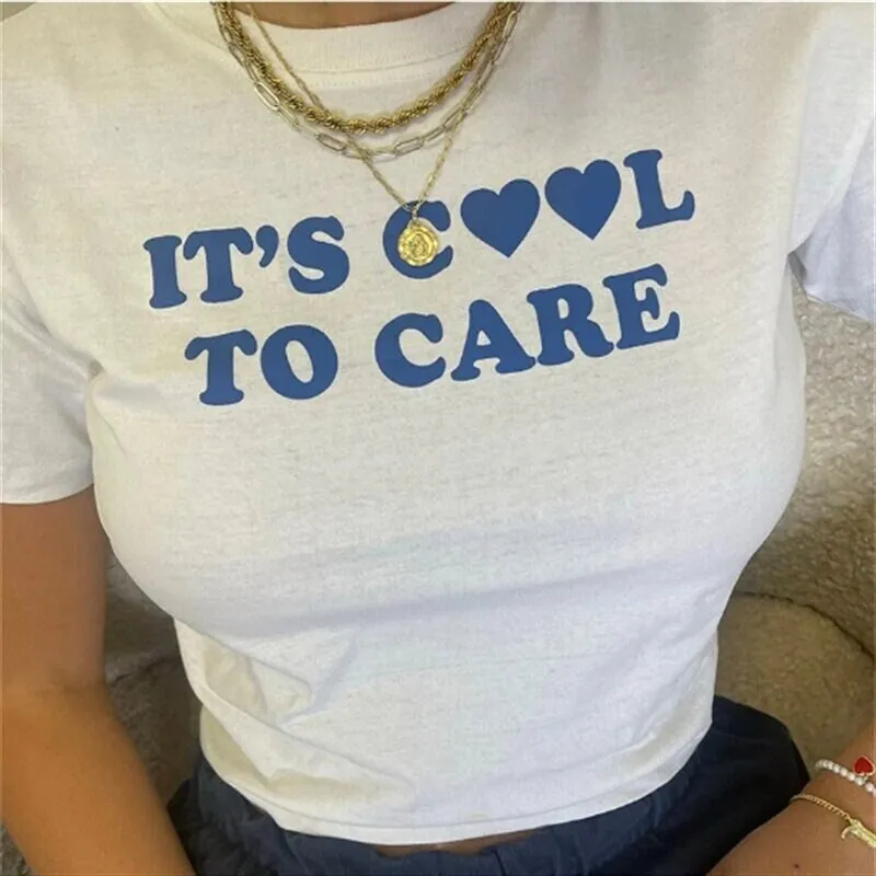 It's Cool To Care T Shirt Fashion Letter Print Sexy Women's Crop Tops Harajuku Aesthetic Y2K Baby Tee O-Neck Female Short Tshirt