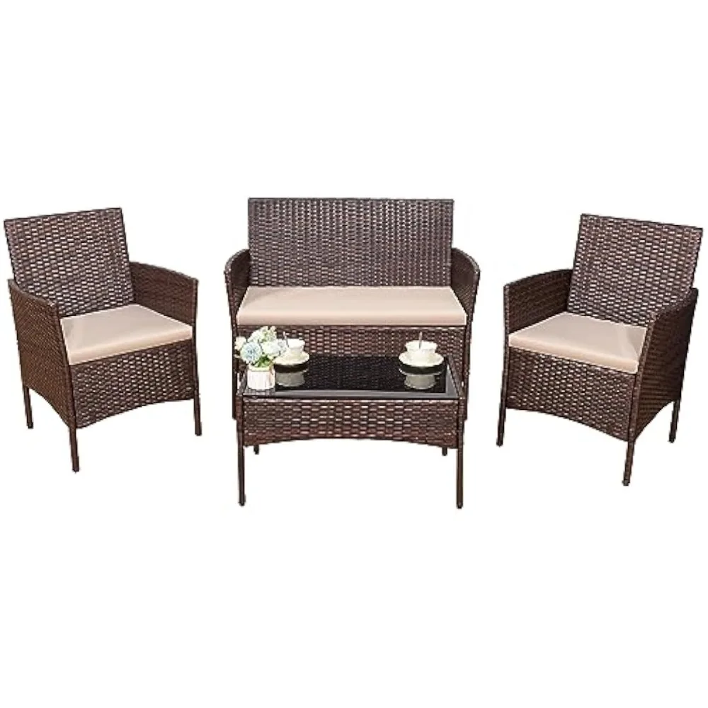 

4 Pieces Outdoor Patio Furniture Set, PE Rattan Wicker Chairs Balcony Lawn Porch Patio Furniture Sets with Beige Cushion