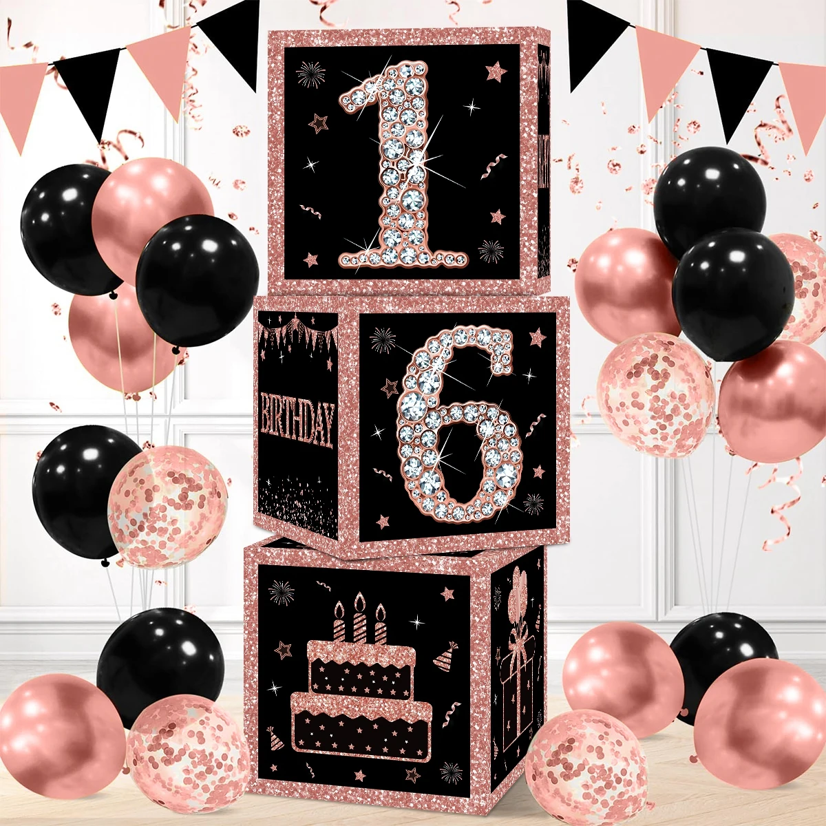 Scatole di compleanno quadrate rosa nere Happy 30th 40th 50th Birthday Party Decor donna adulta 30 40 anni forniture per feste di compleanno