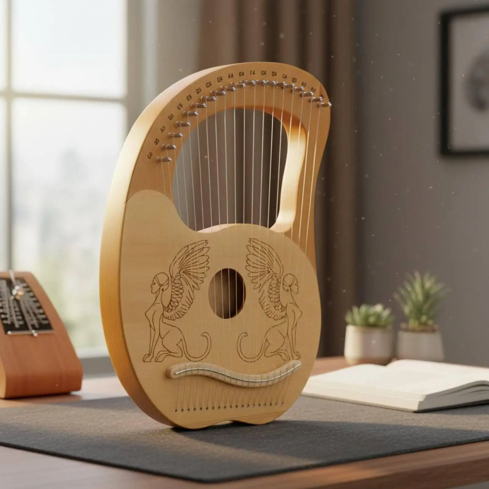Mahogany Lyre Harp 16 Strings Engraved Note Bridge Compact Lap Harp for Meditation Yoga Calm Melodies
