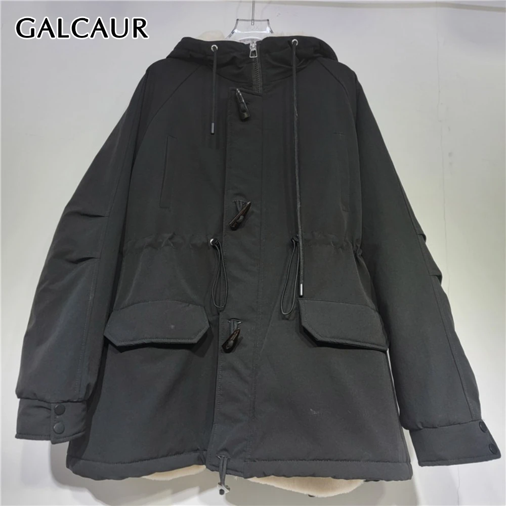 

GALCAUR Solid Spliced Drawstring Basics Jacket Female Hooded Long Sleeve Loose Vintage Streetwear Women's Jackets Autumn Fashion