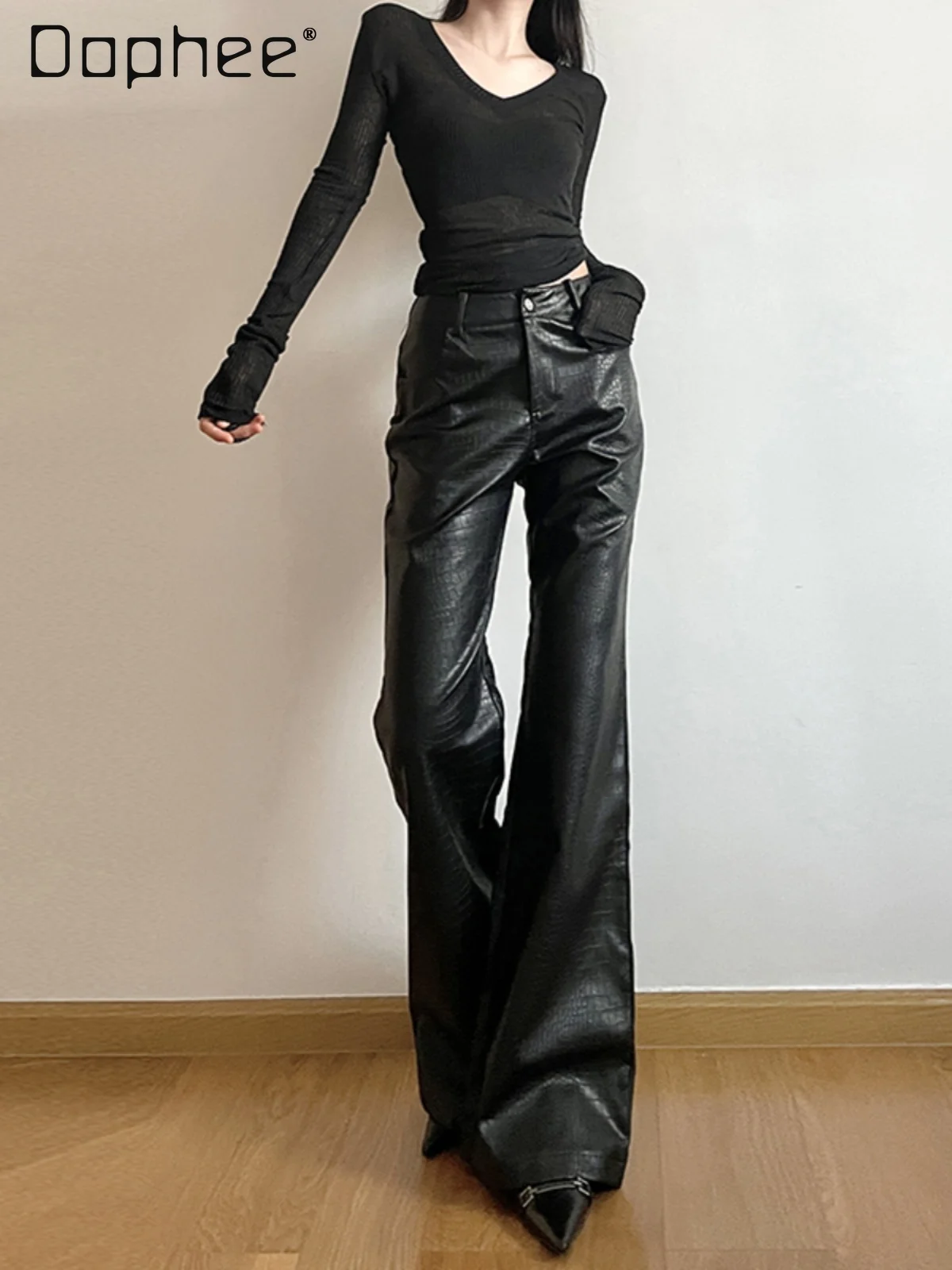 American Hot Girl Street Punk hoge taille afslankschaalpatroon leren broek dames unieke trendy zwart lederen uitlopende broek