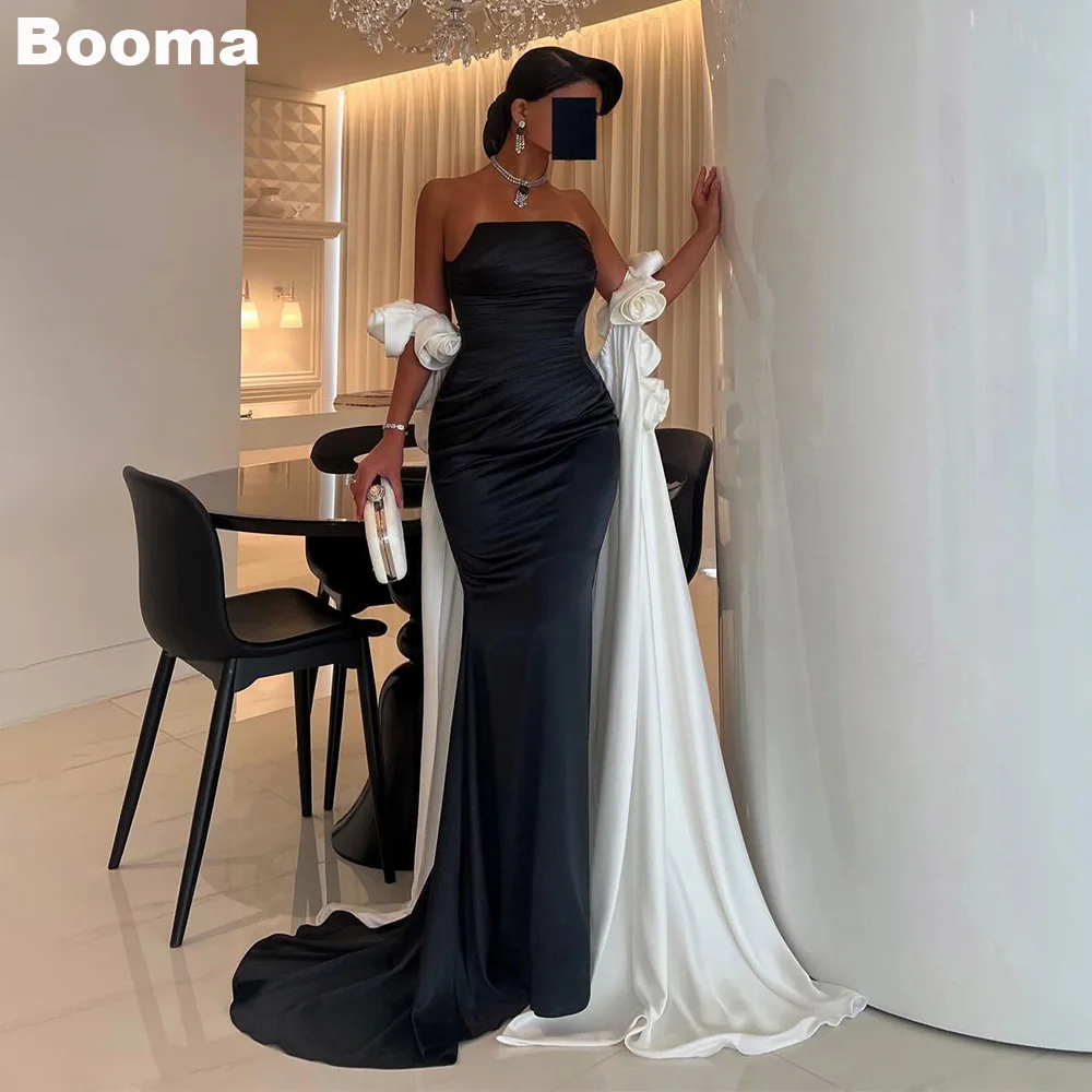 Booma Elegant Mermaid Evening Dresses Strapless 3D Flowers Cape Formal Occasion Gowns for Women Sweep Train Party Prom Dress