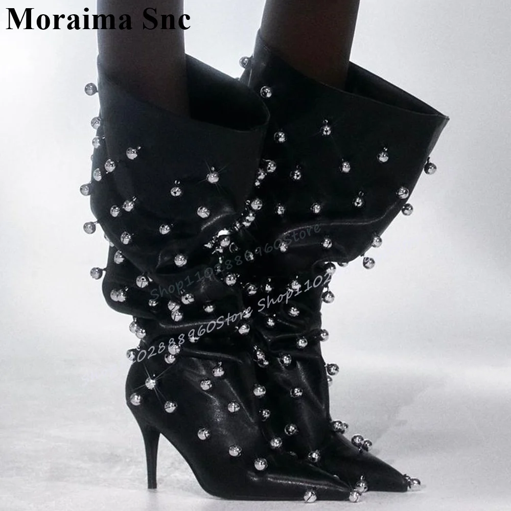 

Mid Calf Black Plus Size Leather Beads Boots Thin High Heel Shoes For Women Slip On Pointed Toe 2025 Fashion Zapatos Para Mujere