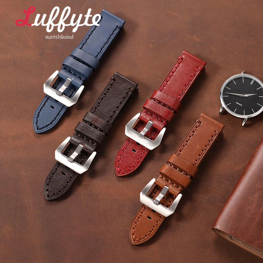 Casual Wrist Strap Rugged Genuine Leather Watchband 20/22/24/26mm Hand Stitching Men Replacement Wristband