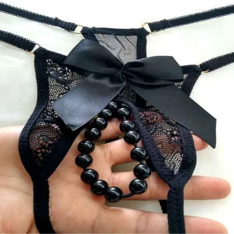 Sexiest Panties Women Lingerie Pearls Micro Panties Open Crotch G-string Ladies Underwear Lace Bow Seamless Free Shipping Thong