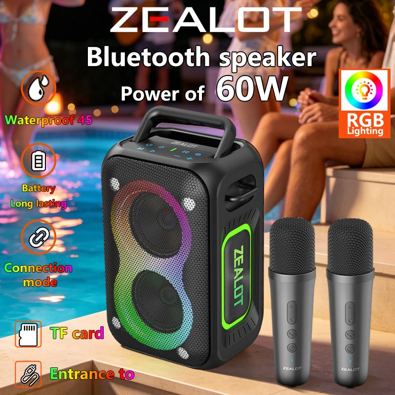 ZEALOT-PT02 60W Portable Wireless Speaker with 2 Microphones, RGB Lights, 8000mAh Hi-Fi Sound, Party Bluetooth Speaker